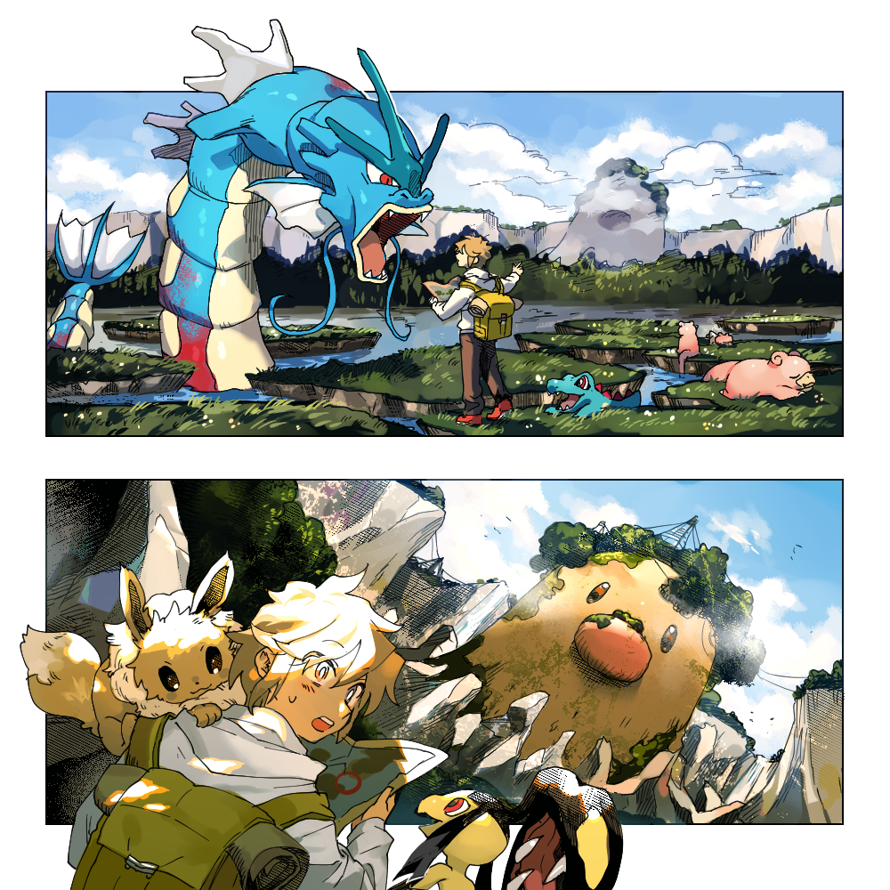 1boy backpack bag bangs bird blonde_hair clouds commentary_request day diglett eevee fangs fog gen_1_pokemon gen_2_pokemon gen_3_pokemon grass green_bag gyarados holding holding_map hood hood_down hoodie male_focus map mawile newo_(shinra-p) open_mouth outdoors pokemon pokemon_(creature) red_eyes sky slowpoke starter_pokemon sweatdrop tongue totodile upper_teeth water white_hoodie