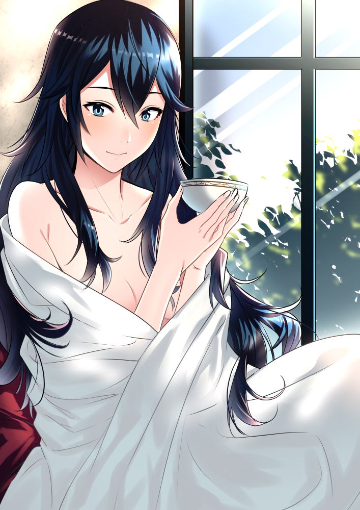 1girl ameno_(a_meno0) armpit_crease bangs blue_eyes blue_hair blush closed_mouth collarbone day fingernails fire_emblem fire_emblem_awakening hair_between_eyes indoors leaf light_blush lips long_hair looking_at_viewer lucina_(fire_emblem) naked_towel pink_lips shiny shiny_hair sitting smile solo symbol-shaped_pupils towel white_towel window