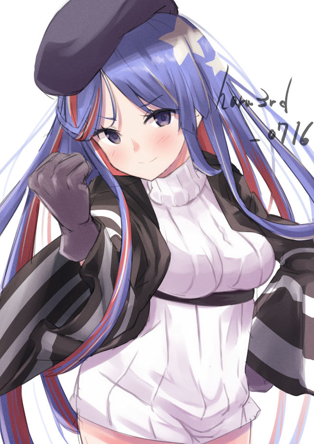 1girl beret black_headwear black_jacket blue_hair breasts commentary_request hat jacket kantai_collection large_breasts long_hair looking_at_viewer multicolored_hair official_alternate_costume one-hour_drawing_challenge redhead ribbed_sweater sanninme_no_haru simple_background solo south_dakota_(kancolle) star_(symbol) sweater upper_body white_background white_hair white_sweater