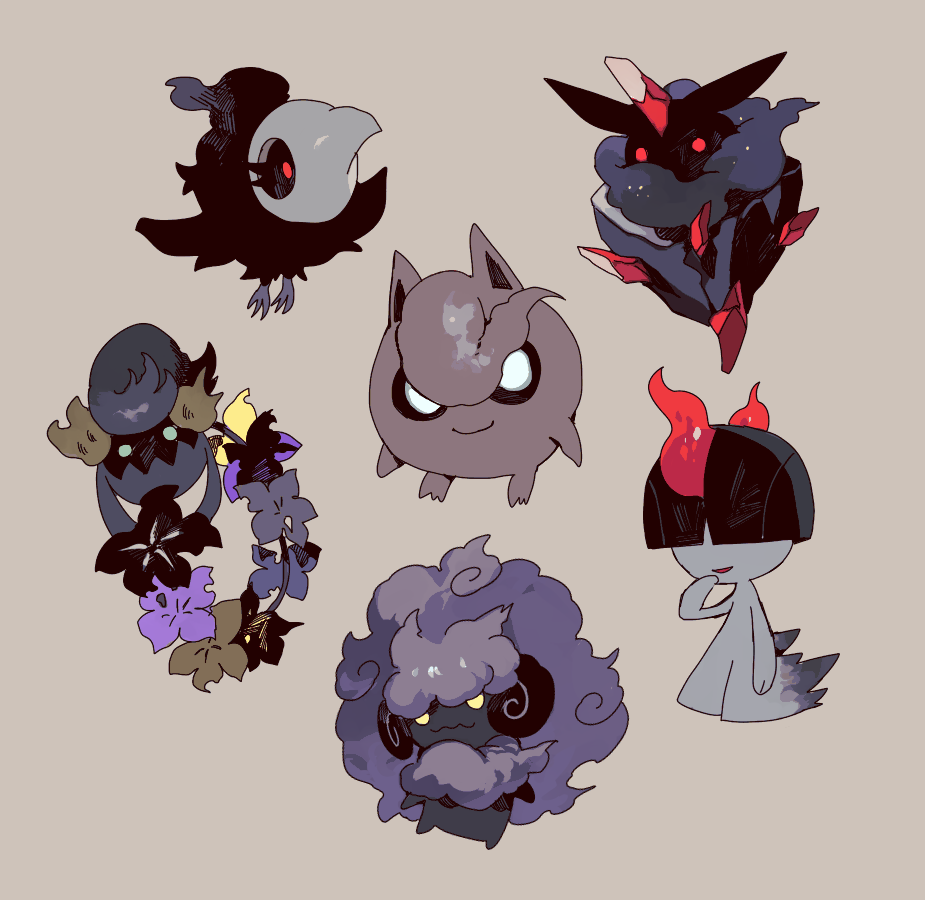 alternate_color alternate_element bangs big_hair black_flower black_hair black_sclera blank_eyes blue_eyes blunt_bangs carbink closed_mouth colored_sclera comfey commentary_request floating flower full_body gen_1_pokemon gen_3_pokemon gen_5_pokemon gen_6_pokemon gen_7_pokemon grey_background hair_over_eyes hand_up happy jigglypuff long_hair looking_at_viewer newo_(shinra-p) no_humans open_mouth pokemon pokemon_(creature) purple_flower ralts red_eyes short_hair simple_background smile spritzee standing wavy_mouth whimsicott white_hair yellow_eyes yellow_flower