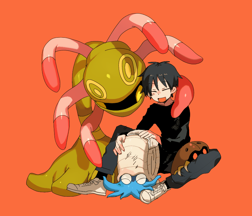 1boy bangs black_hair black_legwear black_shirt blush closed_eyes commentary_request cradily dirty gen_1_pokemon gen_3_pokemon grey_pants happy holding_cloth kabuto_(pokemon) male_focus newo_(shinra-p) omanyte open_mouth orange_background pants pokemon pokemon_(creature) shirt shoes short_hair simple_background sitting smile socks tongue white_footwear wiping |d