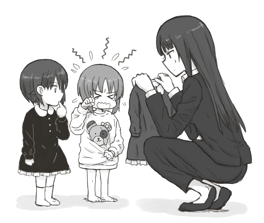 &gt;_&lt; 3girls barefoot boko_(girls_und_panzer) child commentary crying formal girls_und_panzer greyscale holding holding_clothes long_hair monochrome mother_and_daughter multiple_girls mutsu_(layergreen) nishizumi_maho nishizumi_miho nishizumi_shiho short_hair siblings sisters squatting suit younger