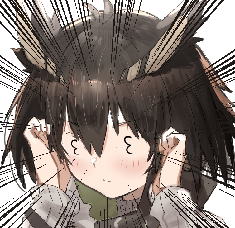 1girl 3_3 antenna_hair arknights bangs blush brown_eyes brown_hair commentary_request feather_hair hair_between_eyes long_sleeves no_eyewear pointy_hair portrait raw_egg_lent short_hair silence_(arknights) solo white_background