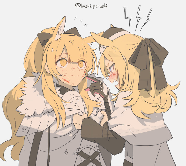 2girls angry animal_ears arknights armor black_bow black_gloves black_headwear black_sleeves blemishine_(arknights) blonde_hair blood blood_on_face blue_eyes blush bow extra_ears fang finger_to_mouth flying_sweatdrops gloves grabbing hair_bow hat horse_ears husui_parashi long_hair looking_at_another looking_up multiple_girls open_mouth ponytail shirt simple_background tearing_up twitter_username upper_body whislash_(arknights) white_background white_shirt yellow_eyes