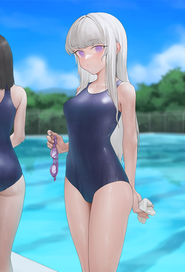2girls bangs black_hair blue_sky blue_swimsuit blurry blurry_background blush breasts closed_mouth clouds commentary_request eyebrows_visible_through_hair feet_out_of_frame fence goggles holding holding_goggles long_hair looking_at_viewer medium_breasts multiple_girls ni_(221) one-piece_swimsuit original outdoors pool sky solo_focus swimsuit tree violet_eyes white_hair