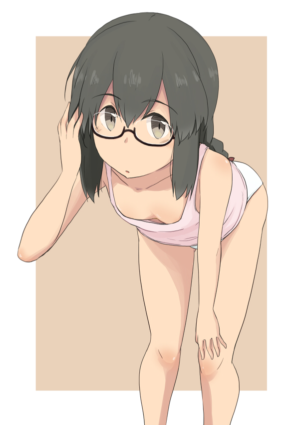 1girl black-framed_eyewear black_eyes black_hair border braid breasts brown_background camisole commentary_request feet_out_of_frame hair_between_eyes isonami_(kancolle) kantai_collection kugui_kiyunemu leaning_forward long_hair looking_at_viewer panties pink_camisole semi-rimless_eyewear sidelocks small_breasts solo two-tone_background under-rim_eyewear underwear white_border white_panties