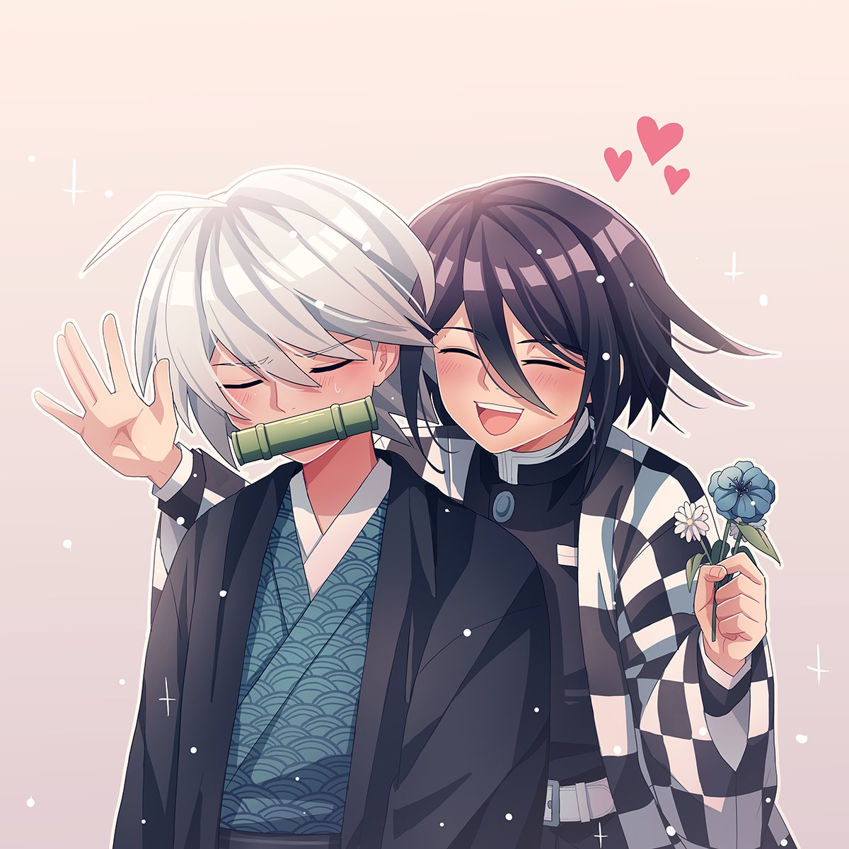 2boys ahoge bamboo bangs bit_gag black_hair black_jacket blue_flower blush checkered checkered_kimono cheer_(cheerkitty14) closed_eyes commentary cosplay cosplay_request dangan_ronpa_(series) dangan_ronpa_v3:_killing_harmony english_commentary flower gag gradient gradient_background grey_background grey_hair hair_between_eyes hand_up haori heart highres holding holding_flower jacket japanese_clothes kamado_nezuko kamado_nezuko_(cosplay) keebo kimetsu_no_yaiba kimono long_sleeves male_focus multiple_boys open_mouth ouma_kokichi shiny shiny_hair smile sparkle sweat upper_body waving wide_sleeves