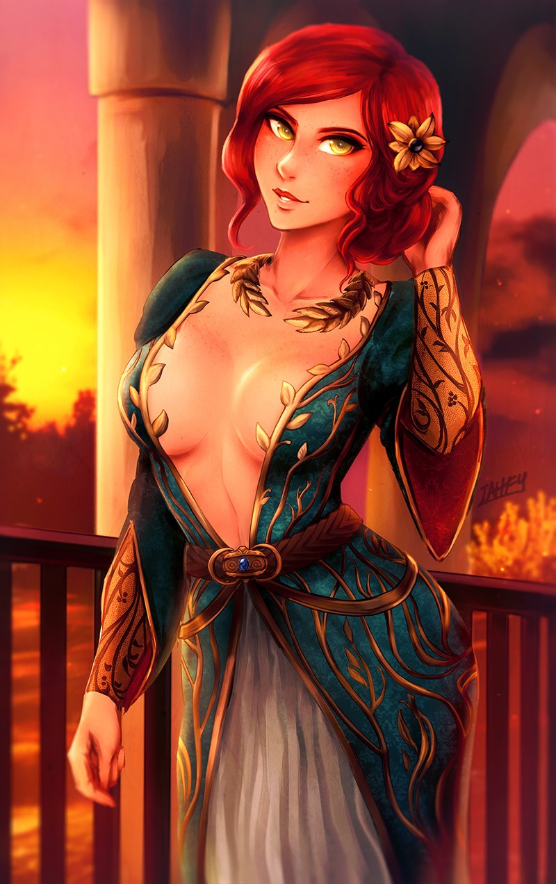 1girl arm_up bangs breasts breasts_apart cowboy_shot dress flower green_dress hair_flower hair_ornament hand_up highres iahfy long_sleeves medium_breasts no_bra parted_bangs plant redhead smile solo the_witcher the_witcher_3 triss_merigold yellow_eyes yellow_flower
