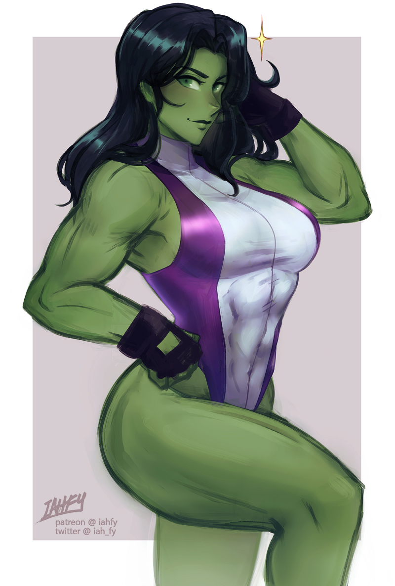 1girl abs arm_up biceps black_hair border breasts colored_skin covered_navel feet_out_of_frame green_eyes green_skin grey_background hand_on_hip iahfy large_breasts leotard long_hair looking_at_viewer marvel muscular muscular_female she-hulk simple_background solo white_border