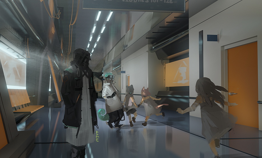 1other 2boys 2girls animal_ears aqua_hair arknights bandaged_arm bandages black_coat black_pants chameleon_tail coat doctor_(arknights) dress ethan_(arknights) frischenq goggles goggles_on_head hallway hands_in_pockets holding_hands hood hood_up hooded_coat indoors multiple_boys multiple_girls pants tail white_coat white_dress