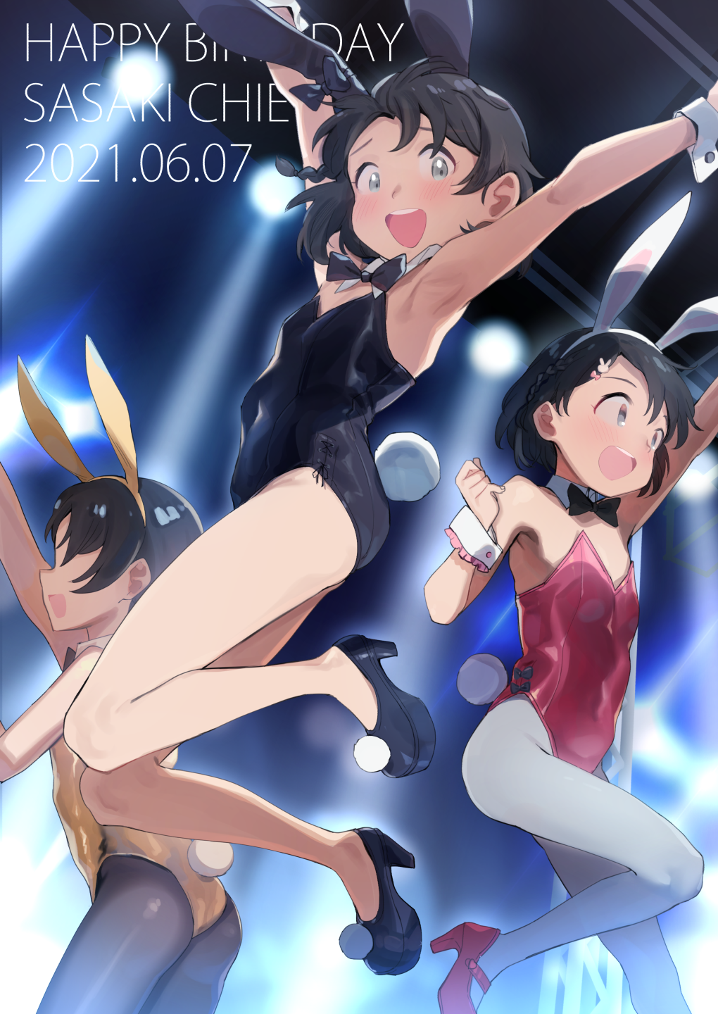 3girls animal_ears black_eyes black_hair black_legwear black_leotard black_neckwear bow bowtie breasts bunny_hair_ornament bunny_tail commentary_request cowboy_shot detached_collar djheycha full_body gold_leotard grey_legwear hair_ornament hairclip happy_birthday highres idolmaster idolmaster_cinderella_girls jumping leotard looking_at_viewer multiple_girls multiple_persona open_mouth pantyhose playboy_bunny rabbit_ears red_leotard round_teeth sasaki_chie short_hair small_breasts strapless strapless_leotard tail teeth upper_teeth wrist_cuffs