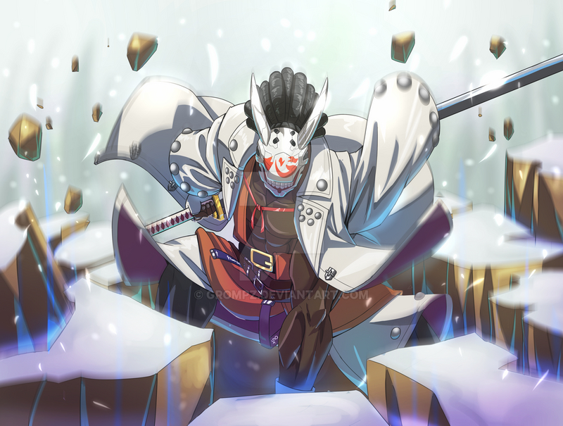 1boy belt black_hair dark-skinned_male dark_skin fighting_stance guilty_gear guilty_gear_strive hairlocs jacket male_focus nagoriyuki oni_mask samurai snow sword vampire weapon white_jacket