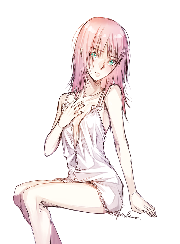 1girl bow closed_mouth collarbone dress_shirt flat_chest green_eyes haruno_sakura invisible_chair ksn_(sleeping_chick) long_hair naked_shirt naruto_(series) pink_hair shiny shiny_hair shirt simple_background sitting sketch sleeveless sleeveless_shirt solo straight_hair white_background white_bow white_shirt