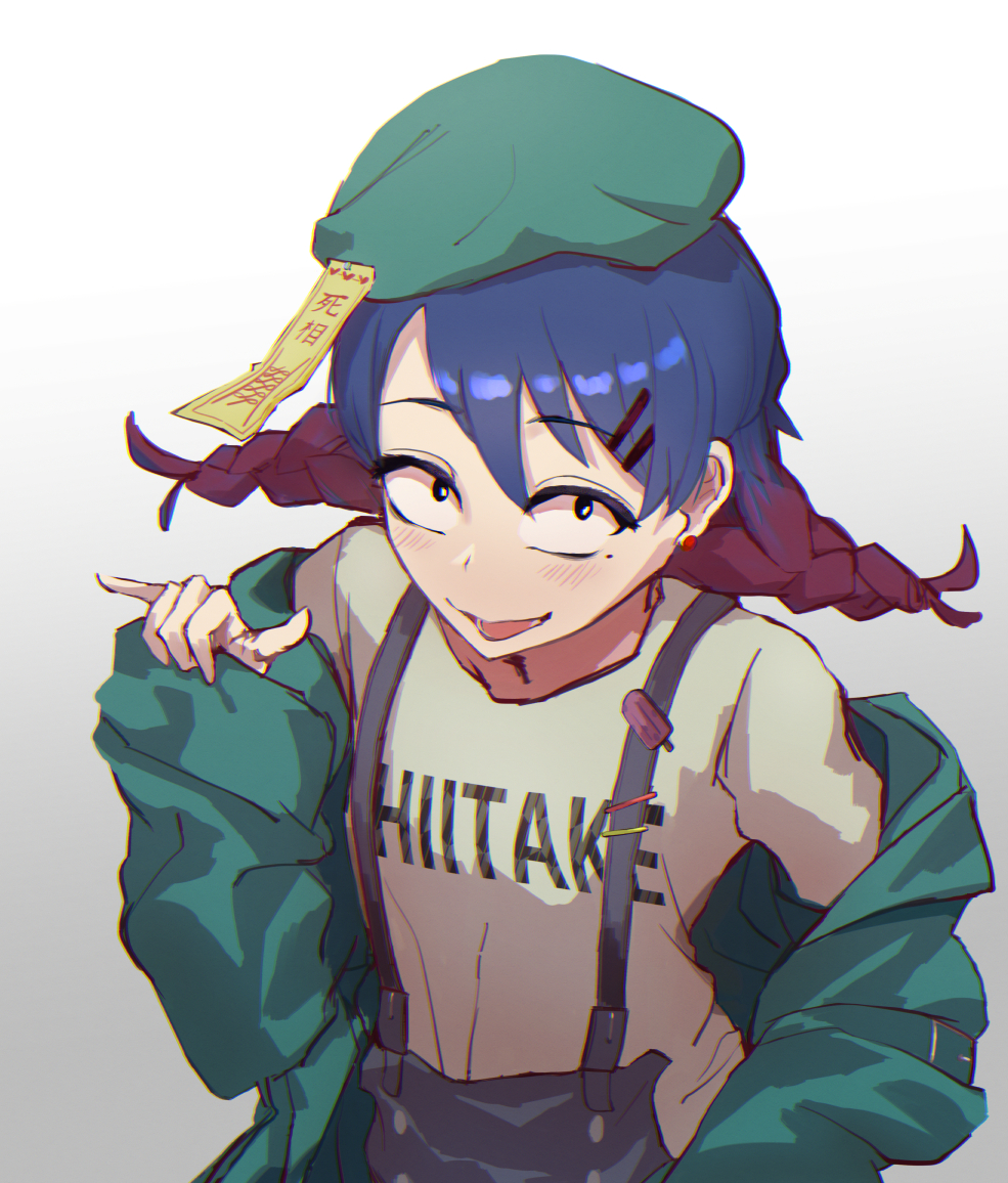 1girl azuki_aisu_ranmaru bakku159 bangs beret black_eyes blue_hair blush braid clothes_writing commentary_request cookie_(touhou) eyebrows_visible_through_hair food green_headwear green_jacket hair_between_eyes hair_ornament hairclip hat indie_virtual_youtuber jacket looking_at_viewer medium_hair multicolored_hair ofuda open_mouth overalls popsicle redhead simple_background solo twin_braids twintails two-tone_hair upper_body virtual_youtuber white_background