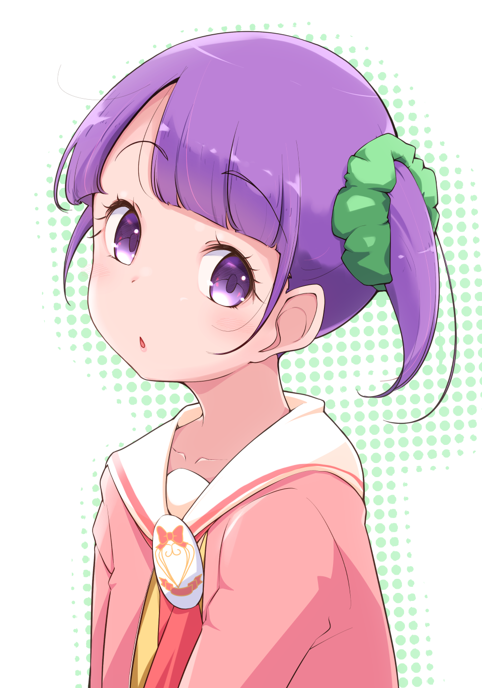 1girl :o bangs blunt_bangs eyebrows_visible_through_hair green_scrunchie hair_ornament hair_scrunchie highres looking_at_viewer manaka_non pretty_(series) pripara purple_hair sailor_collar school_uniform scrunchie short_hair side_ponytail solo upper_body violet_eyes white_sailor_collar yonekura_hisaki