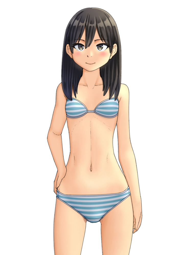 1girl bangs black_eyes black_hair blue_bra blue_panties blush bra breasts closed_mouth commentary_request cowboy_shot crotch_seam hand_on_hip looking_at_viewer maburu_(lojyq1eur3e8bit) medium_hair navel original panties simple_background small_breasts smile solo standing striped striped_bra striped_panties underwear underwear_only white_background