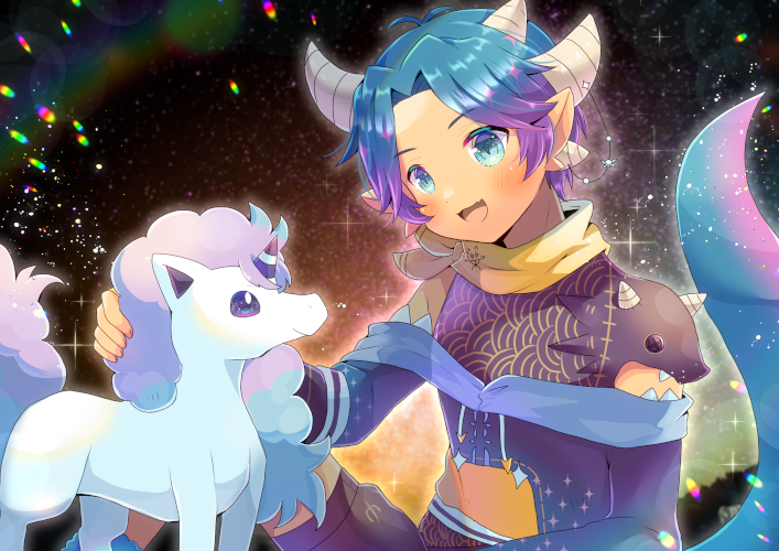 1boy :d bangs black_shirt black_shorts blue_eyes blue_hair blush crossover dragon_boy dragon_horns dragon_tail galarian_form galarian_ponyta gen_8_pokemon gradient_hair horns indie_virtual_youtuber kouu_hiyoyo long_sleeves multicolored_hair multiple_horns open_mouth parted_bangs pocopico pointy_ears pokemon pokemon_(creature) purple_hair shirt short_shorts shorts sitting smile tail