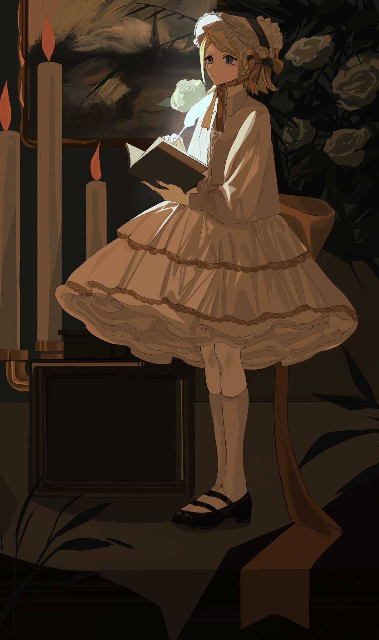 1girl aqua_eyes blonde_hair book candle commentary dress expressionless flower frilled_dress frills headdress highres holding holding_book holding_quill kagamine_rin layered_dress lolita_fashion loverinteto painting_(object) quill short_hair spotlight standing vocaloid white_dress white_legwear