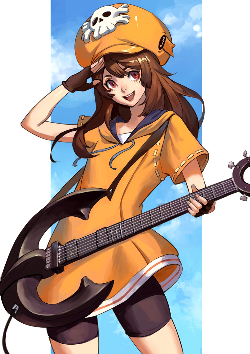 alternate_costume anchor brown_eyes brown_hair dress guilty_gear guilty_gear_strive guitar hat instrument may_(guilty_gear) open_mouth orange_dress orange_headwear phamoz shorts skull_and_crossbones smile