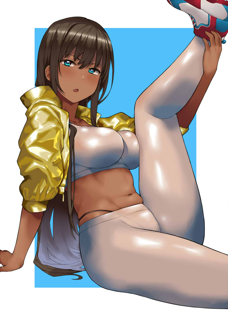 1girl black_panties blue_eyes blush breasts brown_hair dark-skinned_female dark_skin fang hai_ookami jacket leggings long_hair looking_at_viewer midriff navel open_mouth original panties sitting solo sports_bra thong underwear