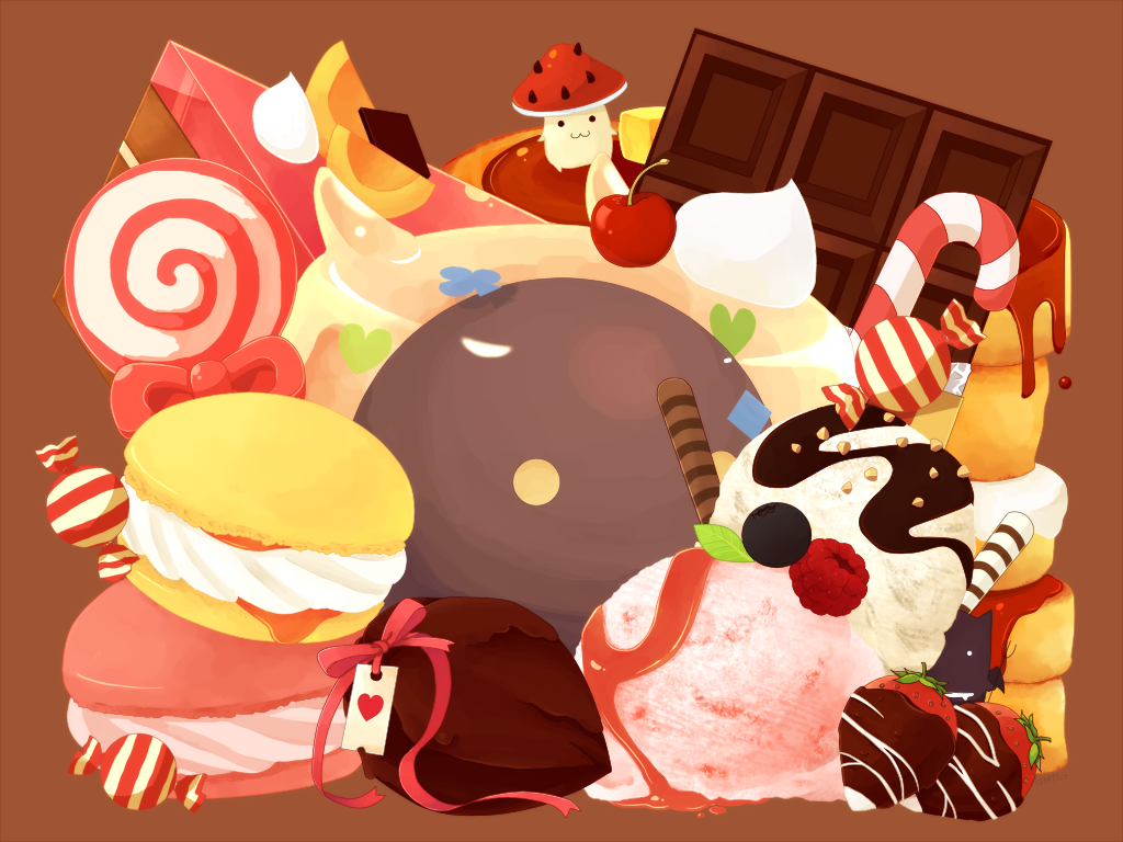 :3 brown_background butter cake cake_slice candy candy_cane cherry chocolate chocolate_bar chocolate_strawberry commentary_request creature demon deviruchi endo_mame food food_focus fruit heart ice_cream lollipop macaron mushroom no_humans pancake ragnarok_online simple_background spore_(ragnarok_online) strawberry syrup vanilmirth_(ragnarok_online) wrapped_candy