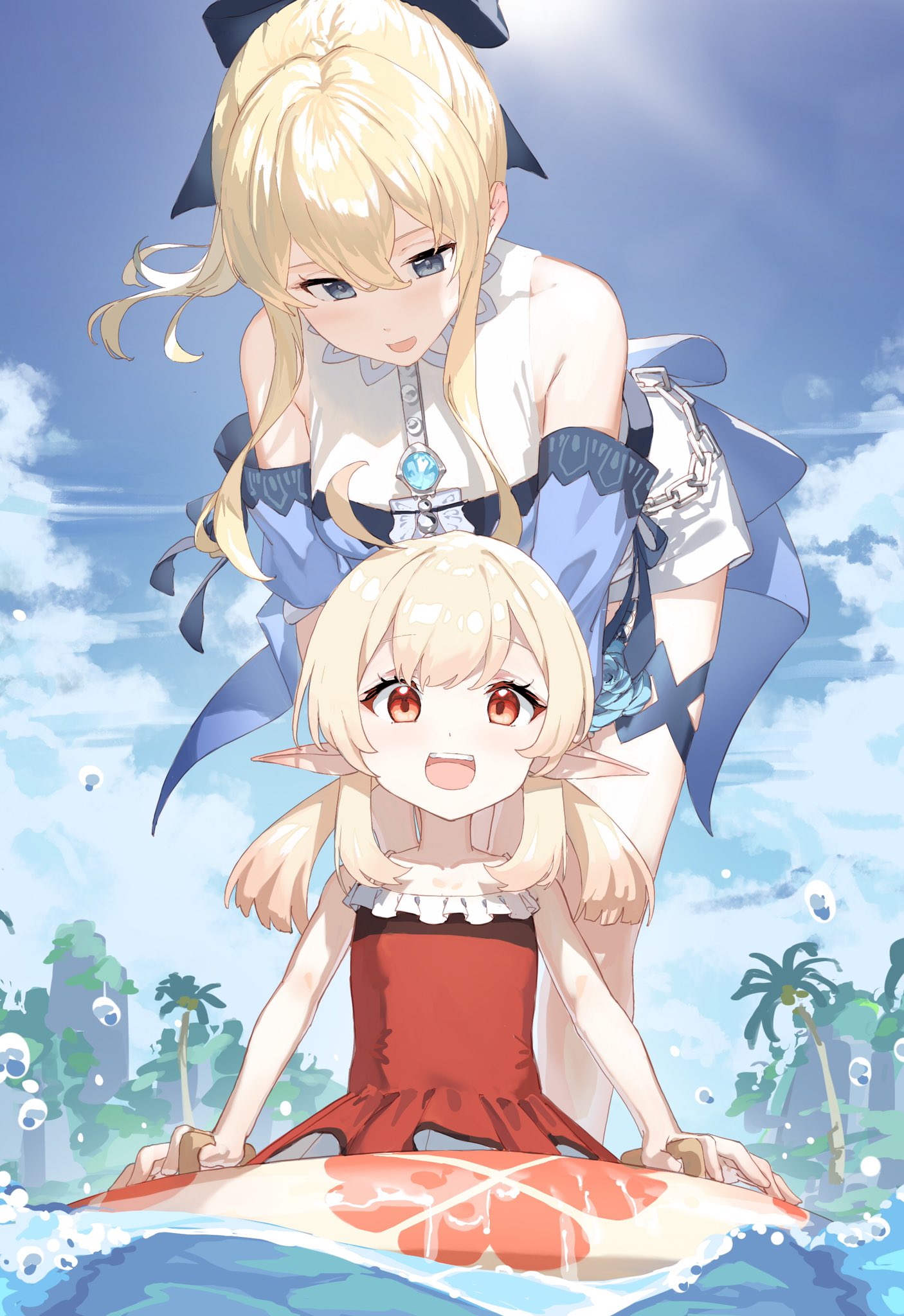 2girls ahoge bangs blonde_hair blue_eyes blush bow breasts genshin_impact hair_bow highres jean_gunnhildr klee_(genshin_impact) large_breasts long_hair looking_at_viewer low_twintails medium_hair multiple_girls open_mouth pointy_ears ponytail red_eyes sidelocks small_breasts smile twintails xkirara39x