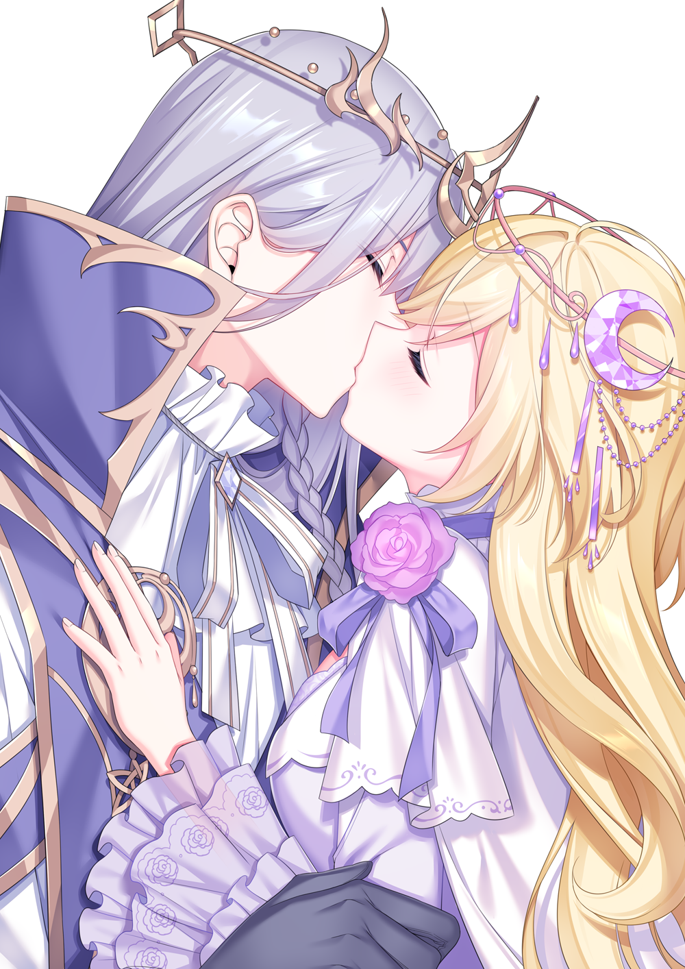 1boy 1girl bangs black_gloves blonde_hair blush bow cape closed_eyes commission crescent crescent_hair_ornament dress flower gloves grey_hair hair_between_eyes hair_ornament hetero highres kiss long_hair long_sleeves original pink_flower pink_rose pixiv_request profile purple_bow purple_cape purple_dress rose sakura_neko shirt simple_background very_long_hair white_background white_shirt wide_sleeves