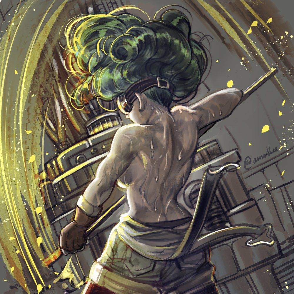 1girl amartbee breasts brown_gloves bulma butt_crack dragon_ball dragon_ball_z floating_hair from_behind gloves goggles green_hair machinery mechanic medium_breasts motion_lines overalls sideboob solo suspenders_hanging sweat twitter_username