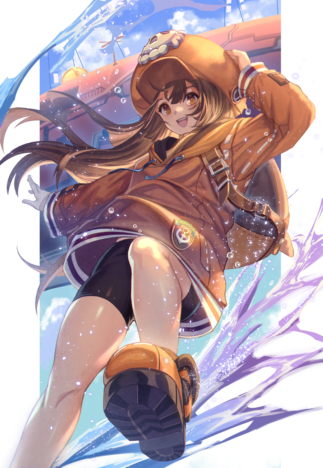 1girl backpack bag brown_eyes brown_hair bubble frostyvillager guilty_gear guilty_gear_strive highres hood hoodie long_hair may_(guilty_gear) open_mouth orange_headwear orange_hoodie shorts skull_and_crossbones sky smile