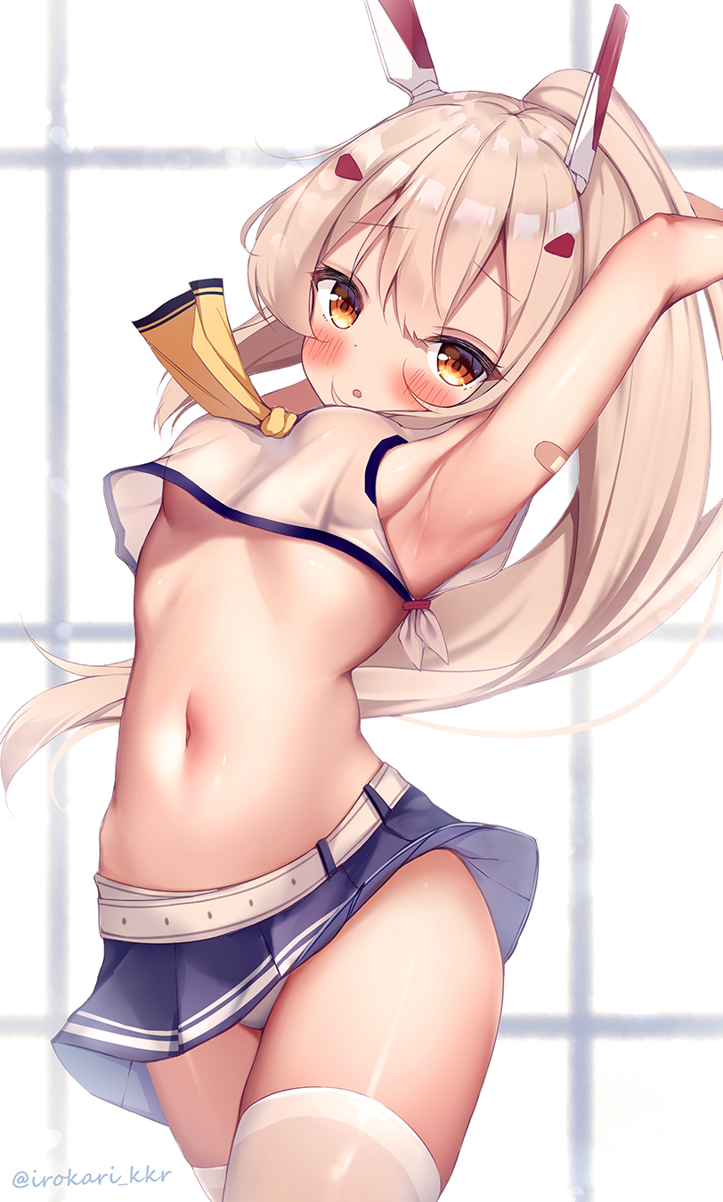 1girl :o armpits arms_up ayanami_(azur_lane) azur_lane bandaid bandaid_on_arm bangs blonde_hair blue_skirt blush breasts brown_eyes commentary cowboy_shot crop_top eyebrows_visible_through_hair headgear highres irokari long_hair looking_at_viewer medium_breasts miniskirt navel neckerchief panties pantyshot pleated_skirt ponytail skirt solo stomach thigh-highs twitter_username under_boob underwear white_legwear white_neckwear white_panties