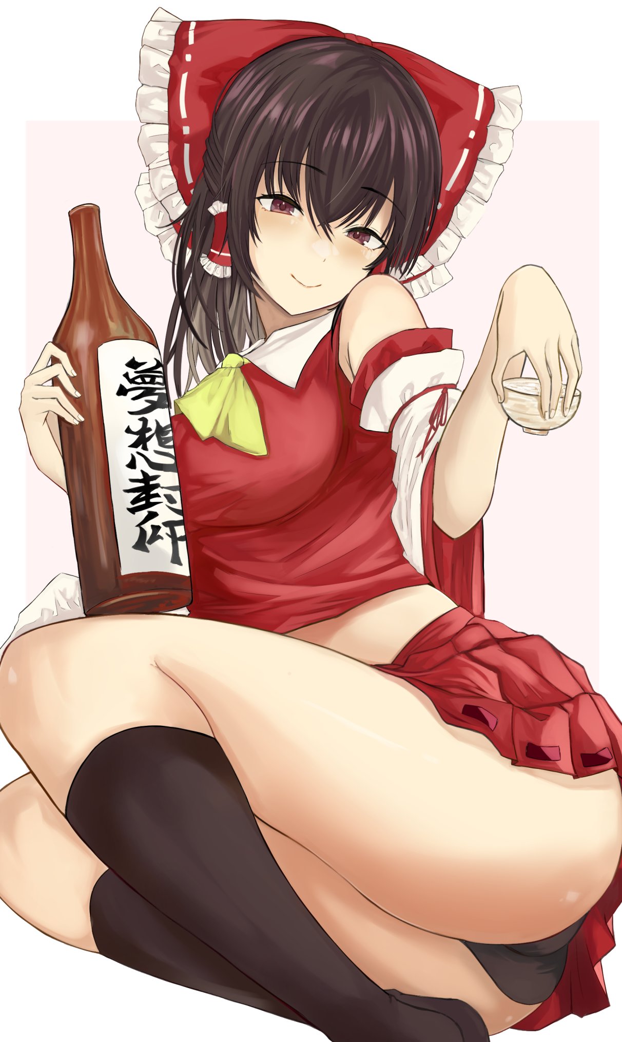 1girl alcohol ascot ass ass_focus black_panties bottle bow bowl brown_eyes brown_hair detached_sleeves hair_bow hakurei_reimu highres koujouchou liquor long_hair midriff_peek miniskirt nontraditional_miko panties red_bow red_skirt skirt smile touhou underwear