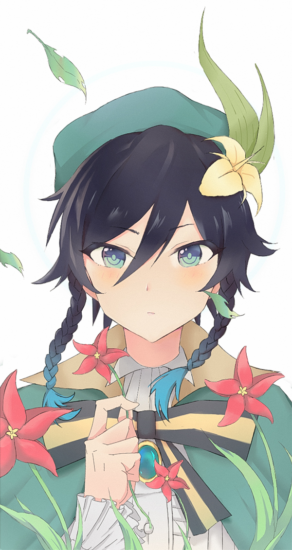 1boy androgynous bangs beret black_hair blue_eyes blue_hair blush bow braid brooch cape collared_cape collared_shirt commentary_request eyebrows_visible_through_hair flower frilled_sleeves frills gem genshin_impact gradient_hair green_headwear hair_flower hair_ornament hat holding holding_flower jewelry leaf long_sleeves looking_at_viewer male_focus multicolored_hair mushroom_seeds red_flower shirt short_hair_with_long_locks solo twin_braids venti_(genshin_impact) white_background white_flower white_shirt