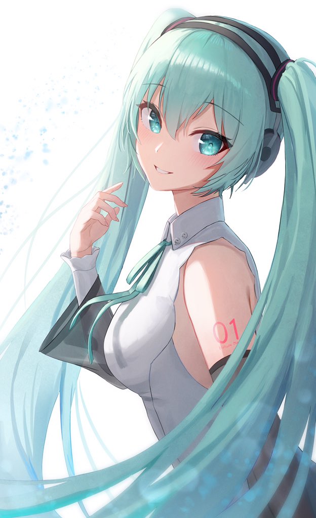 1girl aqua_eyes aqua_hair aqua_neckwear bare_shoulders black_sleeves commentary detached_sleeves from_side grin hair_ornament hand_up hatsune_miku hatsune_miku_(nt) headphones hiroserii layered_sleeves long_hair looking_at_viewer looking_to_the_side neck_ribbon piapro ribbon see-through_sleeves shirt shoulder_tattoo sidelighting sleeveless sleeveless_shirt smile solo tattoo twintails upper_body very_long_hair vocaloid white_background white_shirt white_sleeves