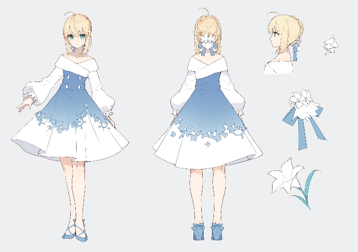 1girl ahoge alternate_costume artoria_pendragon_(all) avalon_(fate/stay_night) bare_shoulders blue_flower blue_ribbon braid commentary_request earrings fate/grand_order fate_(series) flower flower_earrings french_braid frilled_sleeves frills green_eyes holding holding_sheath jewelry kamiowl looking_at_viewer outstretched_hand ribbon saber sheath smile solo standing symbol_commentary white_background white_flower