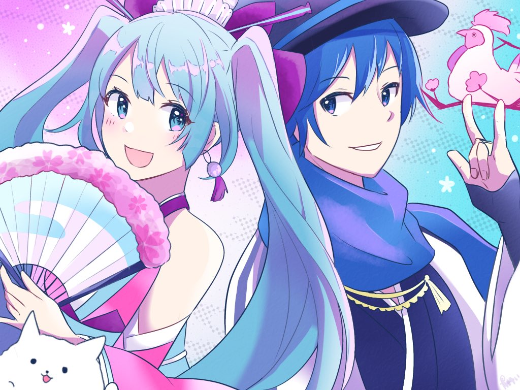 1boy 1girl aoiyui aqua_eyes aqua_hair bare_shoulders bird black_headwear blue_eyes blue_gloves blue_hair blue_kimono blue_scarf branch cat cherry_blossoms chicken detached_sleeves earrings fan fedora fingerless_gloves folding_fan gloves grin hair_ornament hair_stick hat hatsune_miku holding holding_fan jacket japanese_clothes jewelry kaito_(vocaloid) kanzashi kimono long_hair looking_at_another ooedo_julia_night_(vocaloid) open_mouth paper_fan pink_sleeves scarf sideways_glance smile twintails upper_body very_long_hair vocaloid w white_jacket