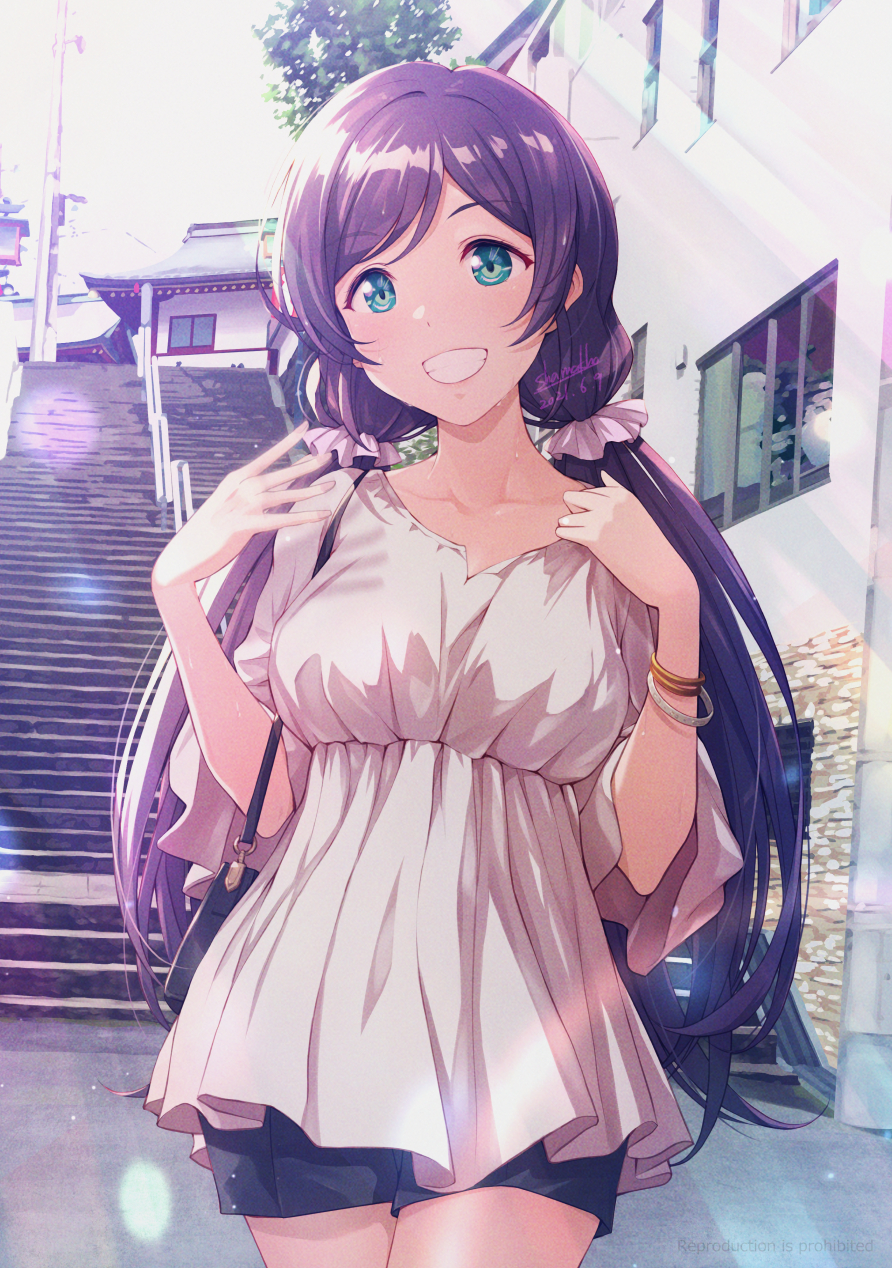 1girl aqua_eyes birthday bracelet breasts casual collarbone commentary_request cowboy_shot dated day eyebrows_visible_through_hair grin hands_up highres jewelry large_breasts light_rays long_hair love_live! love_live!_school_idol_project low_twintails photo_background purple_hair shamakho shiny shiny_hair signature smile solo standing sunbeam sunlight sweat teeth toujou_nozomi twintails