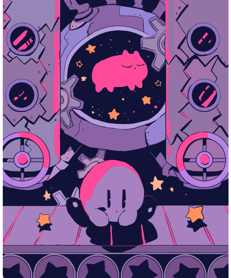 closed_eyes closed_mouth conveyor_belt factory gears indoors kirby kirby_(series) kirby_64 limited_palette machine machinery no_humans shadow sitting soumenhiyamugi star_(symbol) tube