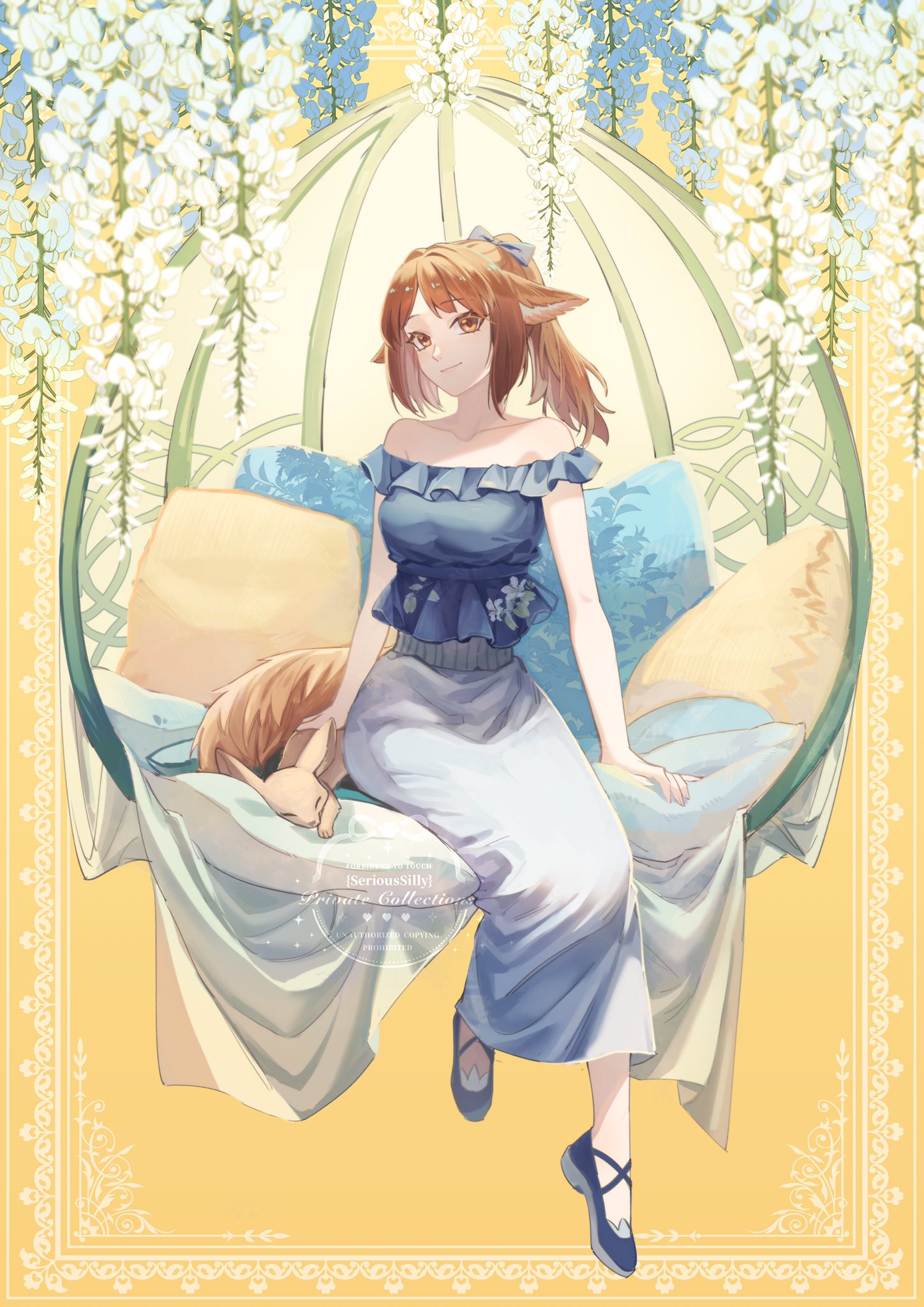 1girl animal animal_ears arknights blue_bow blue_footwear blue_shirt blue_skirt bow brown_eyes brown_hair collarbone fennec_fox flower fox fox_ears fox_girl fox_tail full_body hair_bow highres long_hair long_skirt looking_at_viewer off-shoulder_shirt off_shoulder perfumer_(arknights) pillow ponytail shirt sitting skirt solo ssserioussilly tail watermark yellow_background