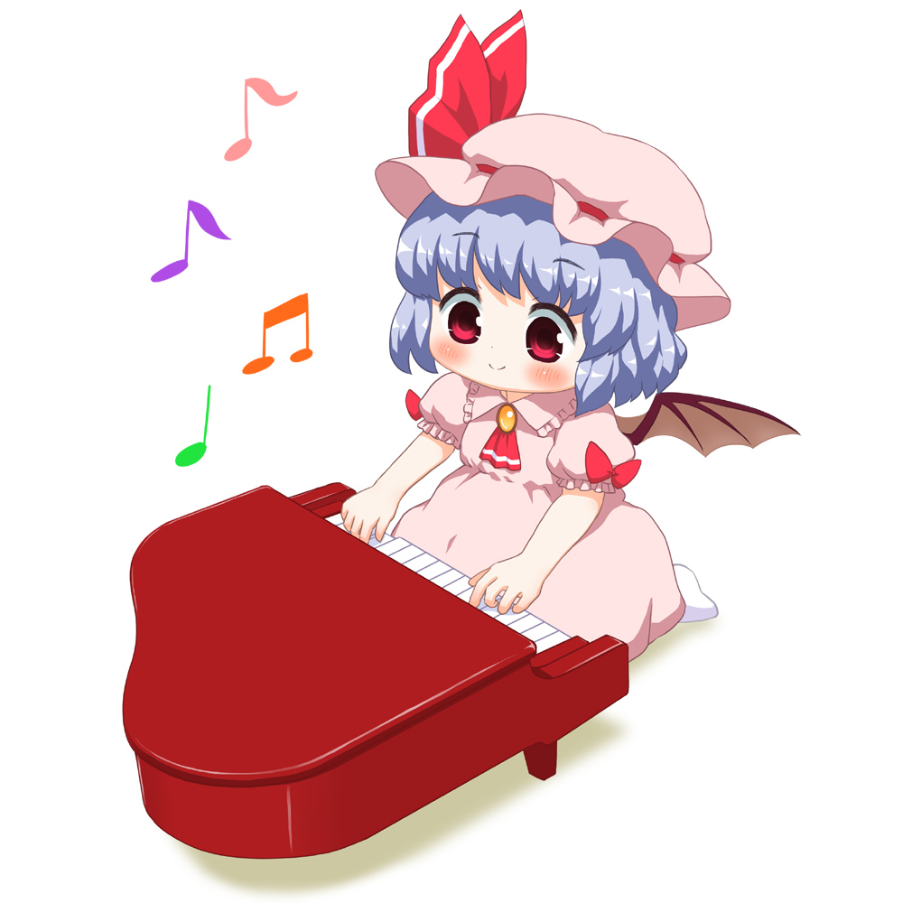 1girl bat_wings beamed_eighth_notes bebeneko blue_hair blush brooch chibi commentary_request cravat dress eighth_note eyebrows_visible_through_hair from_above hat hat_ribbon instrument jewelry looking_down mob_cap music musical_note no_shoes piano pink_dress pink_headwear playing_instrument playing_piano puffy_short_sleeves puffy_sleeves quarter_note red_eyes red_neckwear remilia_scarlet ribbon short_hair short_sleeves simple_background sitting smile solo touhou wariza white_background white_legwear wings