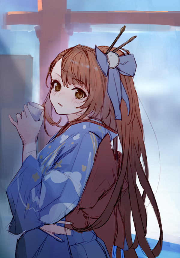 1girl bangs beatrix_(granblue_fantasy) blue_kimono blush brown_eyes cup eyebrows_visible_through_hair granblue_fantasy hair_ornament hair_stick holding holding_cup japanese_clothes kimono long_hair long_sleeves looking_at_viewer obi parted_lips ponytail sash solo tai_(e3d1p)