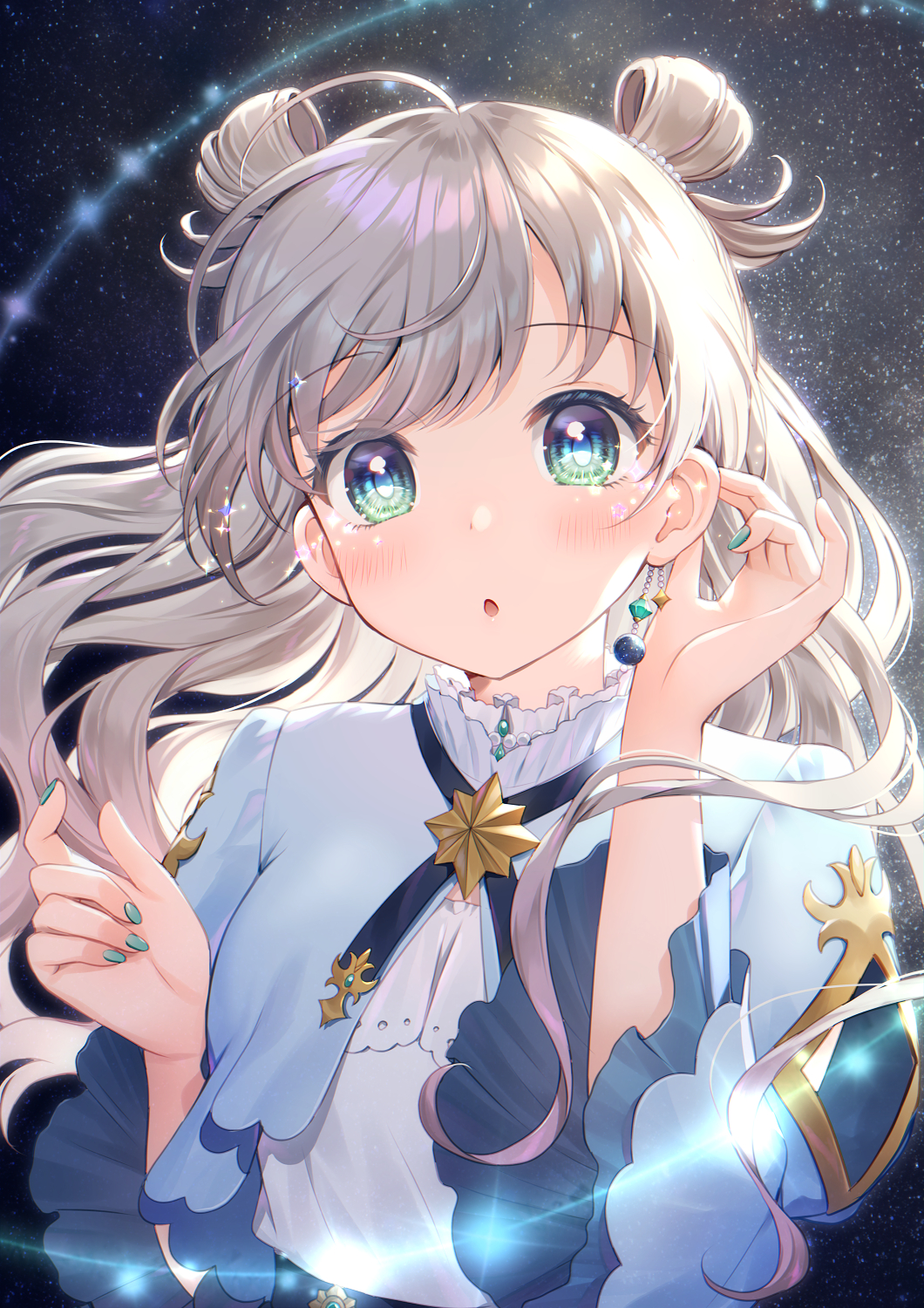 1girl :o ahoge aqua_nails bangs blush commentary_request crop_top eyebrows_visible_through_hair fingernails frilled_sleeves frills green_eyes hair_rings highres long_fingernails long_hair long_sleeves looking_at_viewer momoshiki_tsubaki nail_polish night night_sky official_art open_mouth shirt silver_hair sky solo sparkle star_(sky) starry_sky upper_body virtual_youtuber white_shirt wide_sleeves