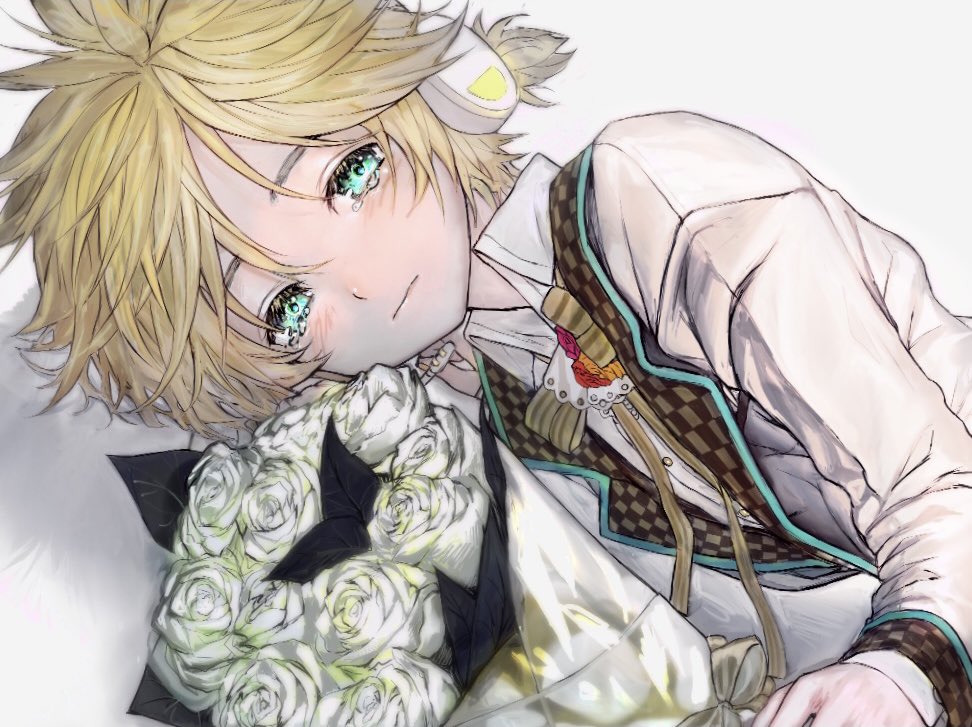 1boy aqua_eyes blonde_hair bouquet commentary crying crying_with_eyes_open flower formal half-closed_eyes headphones kagamine_len korpokkur_kne lying male_focus neck_ribbon on_side ribbon rose short_ponytail sideways_glance solo spiky_hair suit tears upper_body vocaloid white_background white_flower white_rose white_suit yellow_neckwear