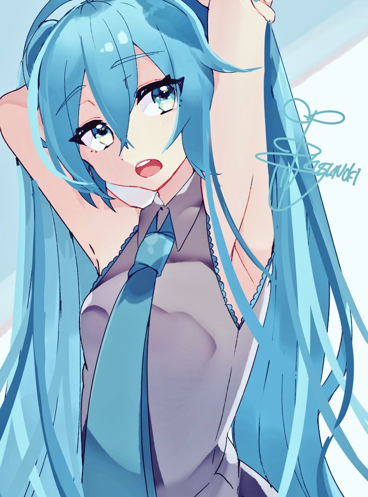 1girl aqua_eyes aqua_hair aqua_nails aqua_neckwear armpits arms_up bare_shoulders commentary grey_shirt hatsune_miku kusunokimizuha long_hair nail_polish necktie one-hour_drawing_challenge open_mouth shirt sideways_glance signature sleeveless sleeveless_shirt solo twintails upper_body very_long_hair vocaloid