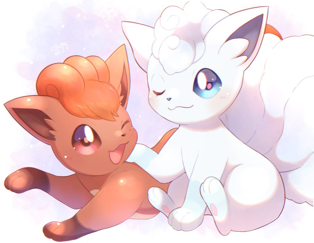 ;d alolan_form alolan_vulpix blue_eyes blush brown_eyes closed_mouth commentary_request creature gen_1_pokemon gen_7_pokemon no_humans okoge_(simokaji) one_eye_closed open_mouth pokemon pokemon_(creature) sitting smile vulpix