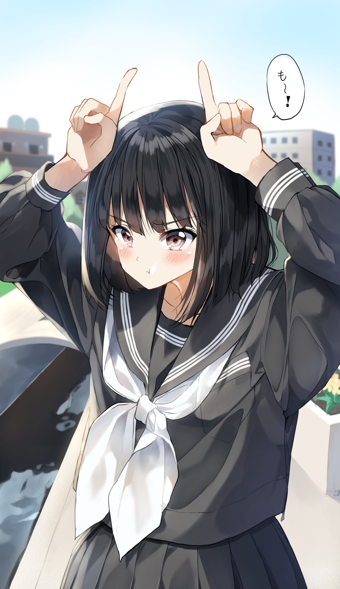 1girl :t arms_up bangs black_hair black_sailor_collar black_serafuku black_shirt black_skirt blush brown_eyes bunny_pose closed_mouth commentary_request day eyebrows_visible_through_hair highres long_sleeves looking_at_viewer neckerchief original outdoors pentagon_(railgun_ky1206) pleated_skirt pouch sailor_collar school_uniform serafuku shirt skirt solo translation_request v-shaped_eyebrows white_neckwear