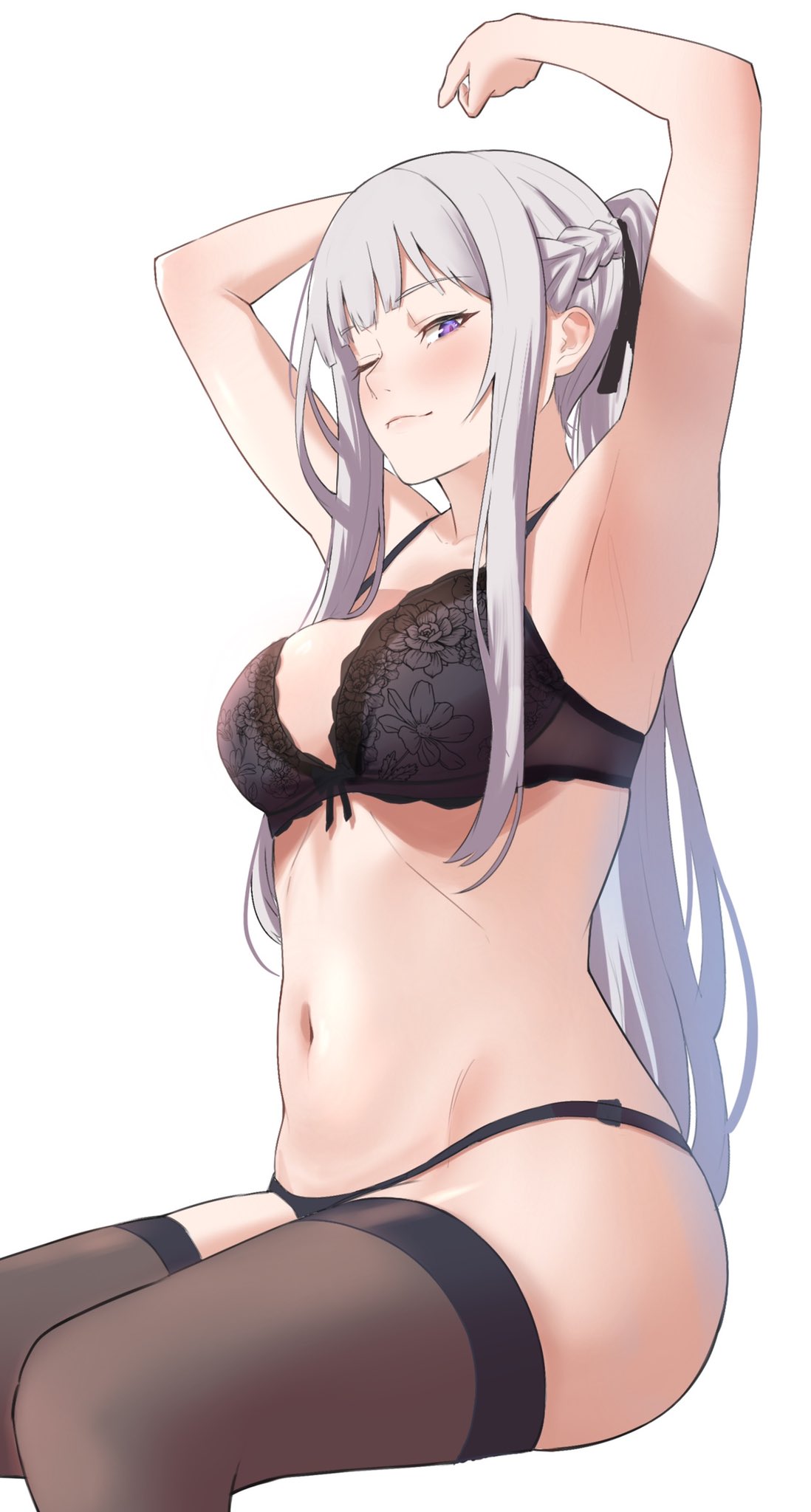 1girl ak-12_(girls_frontline) armpits arms_up bangs black_bra black_legwear black_panties black_ribbon blush bra braid breasts closed_mouth girls_frontline hair_ribbon highres ichinose_(ichinose1592) invisible_chair large_breasts long_hair looking_at_viewer navel one_eye_closed panties ponytail ribbon silver_hair simple_background sitting solo thigh-highs underwear white_background