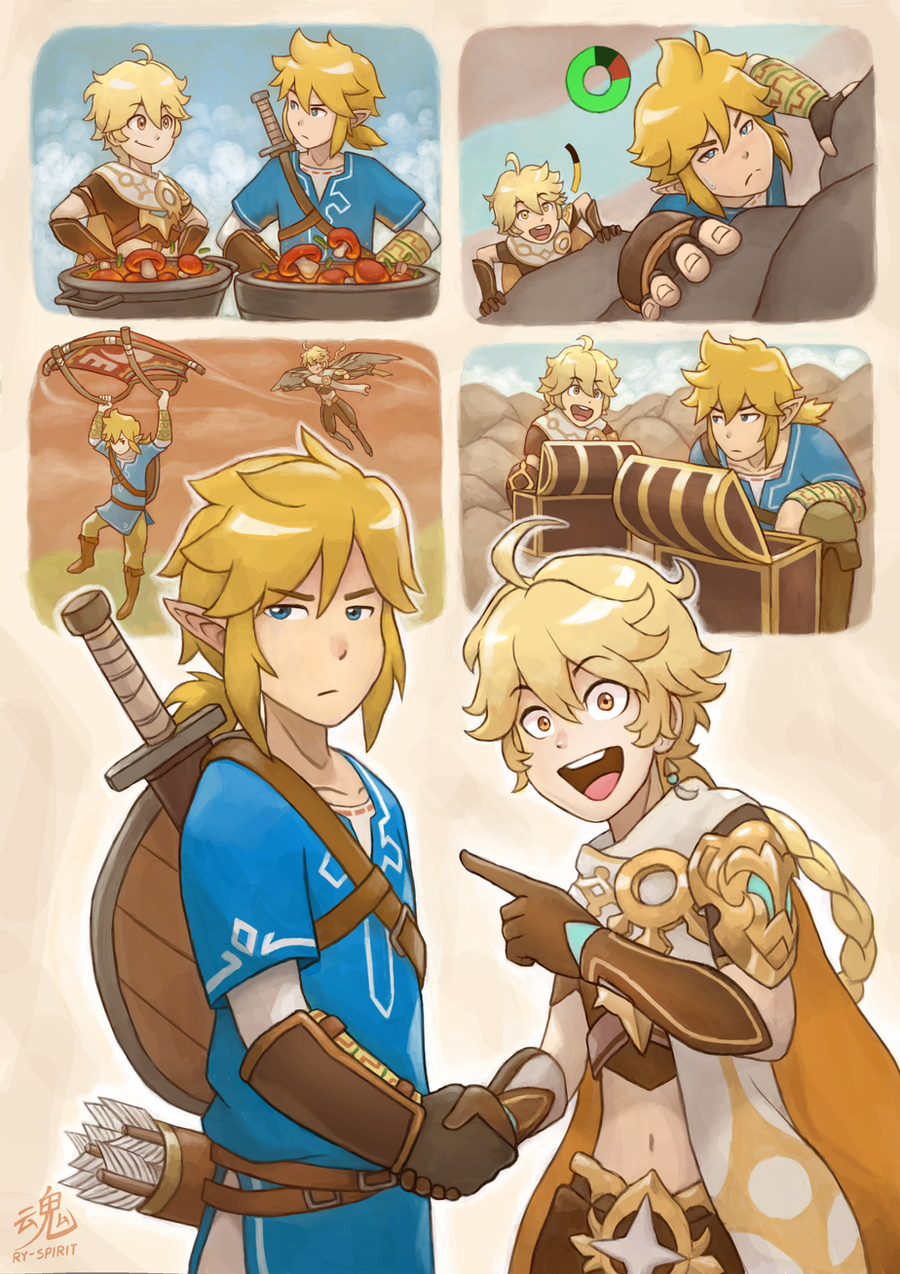 2boys aether_(genshin_impact) blue_eyes braid braided_ponytail brown_gloves climbing crossover gameplay_mechanics genshin_impact gliding gloves highres link looking_at_viewer midair multiple_boys open_mouth paraglider pointing pointy_ears ry-spirit the_legend_of_zelda the_legend_of_zelda:_breath_of_the_wild trait_connection treasure_chest wings