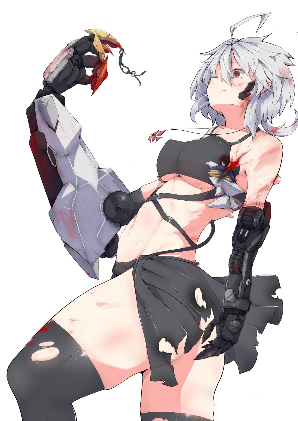 1girl ahoge black_skirt blood breasts covered_nipples cuts damaged eyebrows_visible_through_hair gundam gundam_barbatos gundam_barbatos_lupus gundam_tekketsu_no_orphans highres injury jewelry mecha_musume mechanical_arms medium_breasts necklace one_eye_closed open_hand personification shigure1213 short_hair silver_hair skindentation skirt smile solo torn_clothes torn_legwear torn_skirt under_boob white_background