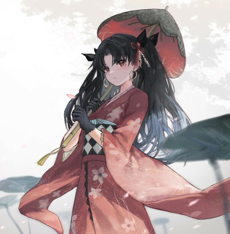 1girl bangs black_gloves black_hair blush closed_mouth cowboy_shot earrings eyebrows_visible_through_hair fate/grand_order fate_(series) floral_print gloves hair_ribbon holding holding_umbrella hoop_earrings ishtar_(fate) ishtar_(fate)_(all) japanese_clothes jewelry kimono long_hair long_sleeves looking_at_viewer mada_(shizhou) obi parted_bangs print_kimono red_eyes red_kimono red_ribbon ribbon sash solo tassel tohsaka_rin two_side_up umbrella wide_sleeves