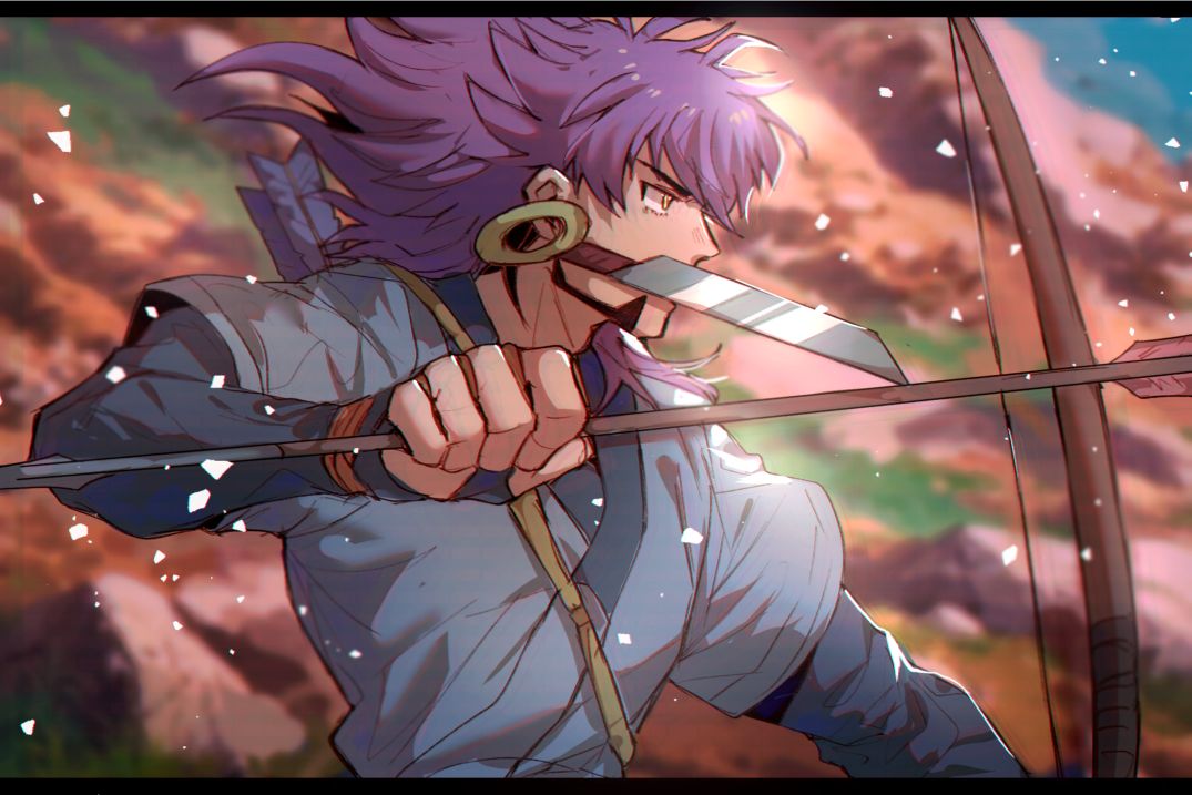 1boy arrow_(projectile) bangs blurry blurry_background bow_(weapon) chiyo_(miichiyochin) commentary_request dark-skinned_male dark_skin day facial_hair floating_hair from_side grey_shirt holding holding_arrow knife leon_(pokemon) letterboxed long_hair male_focus mononoke_hime mouth_hold outdoors pokemon pokemon_(game) pokemon_swsh purple_hair shirt solo undershirt upper_body weapon yellow_eyes